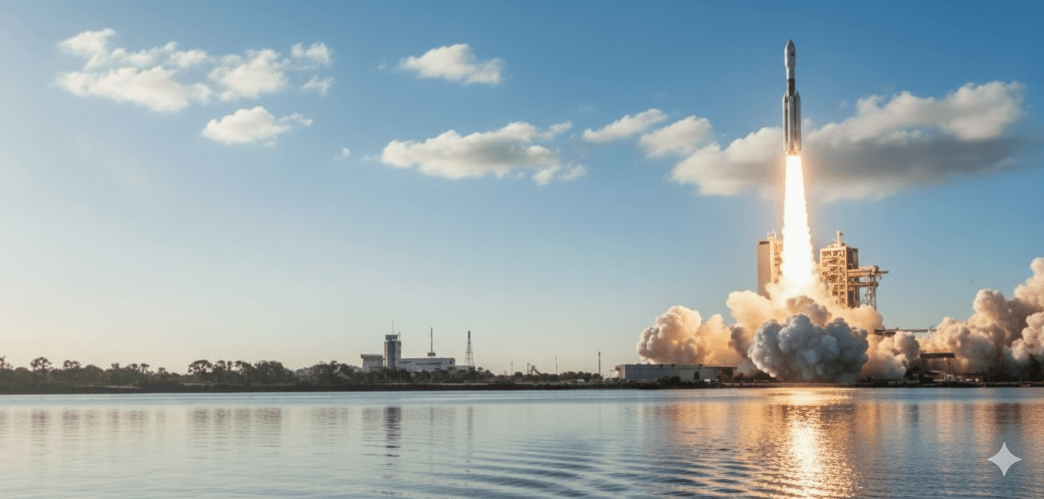 Rocket launch at Kennedy Space Center with tropical scenery